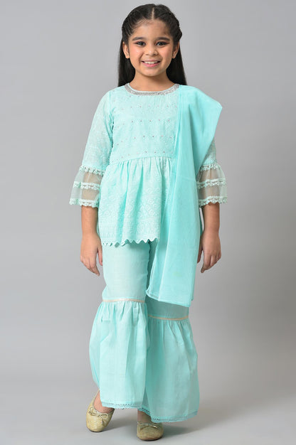 Girls Mint Green Schiffli kurta With Flared Sharara And Dupatta