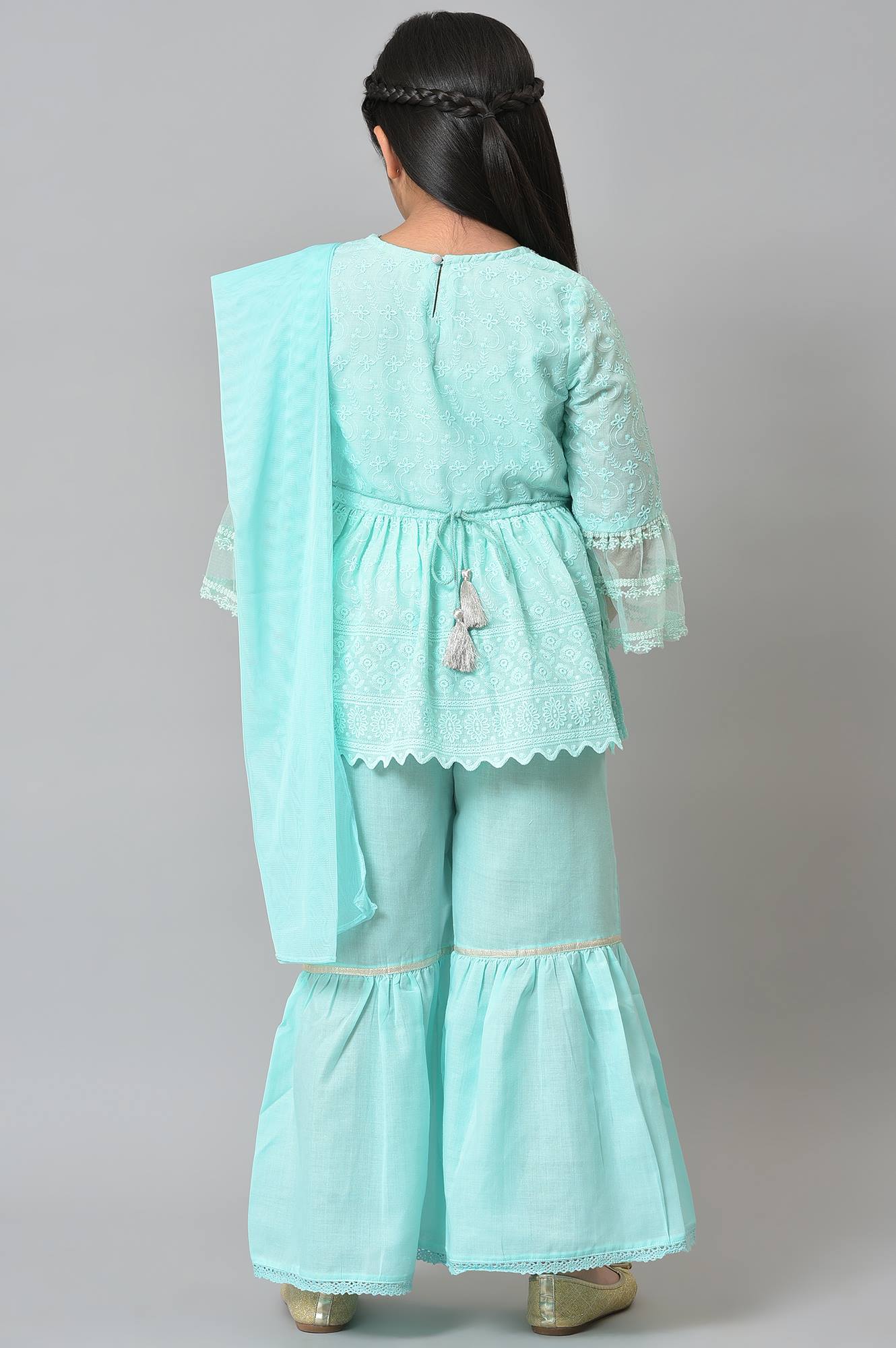 Girls Mint Green Schiffli kurta With Flared Sharara And Dupatta