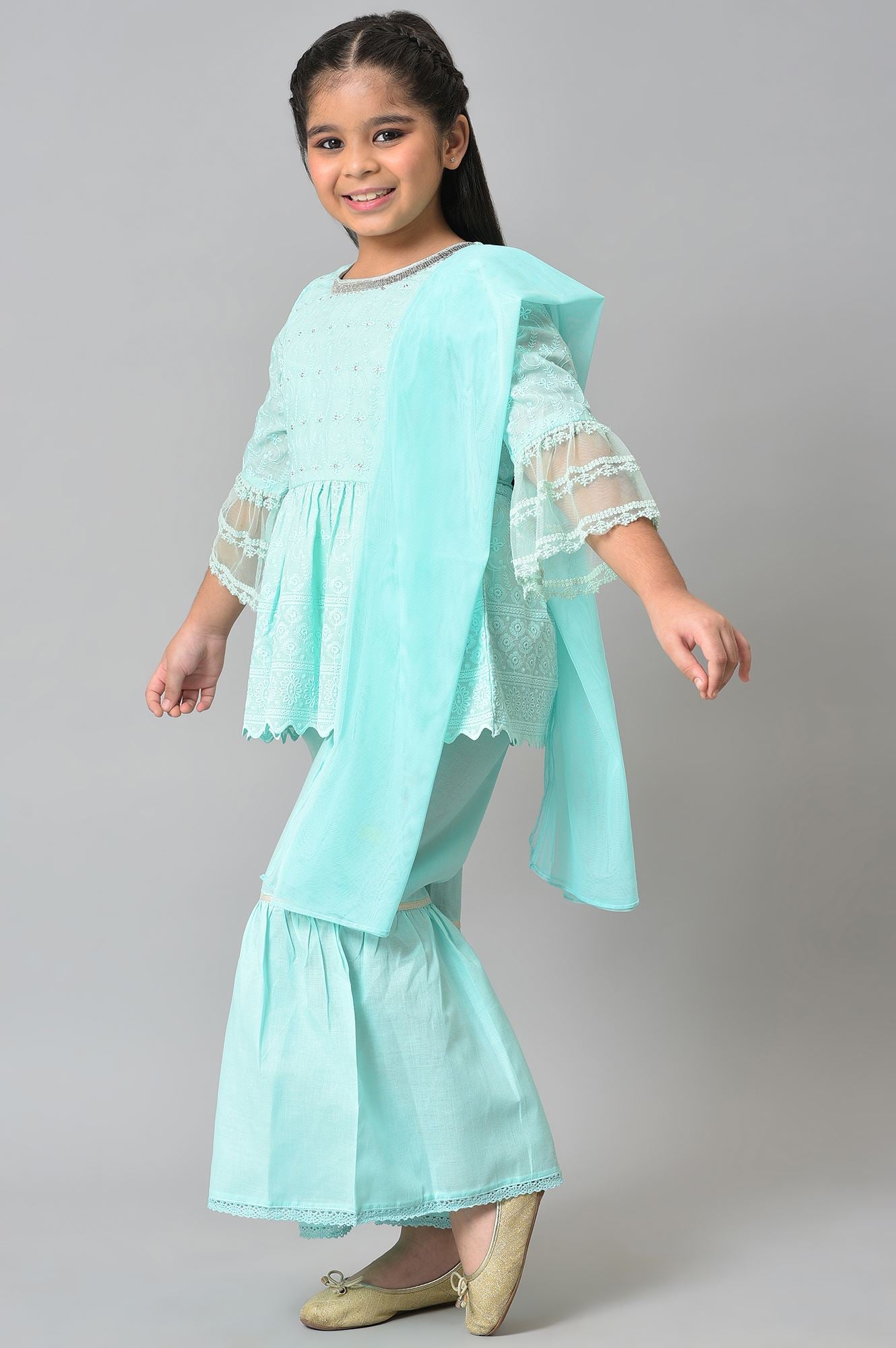 Girls Mint Green Schiffli kurta With Flared Sharara And Dupatta