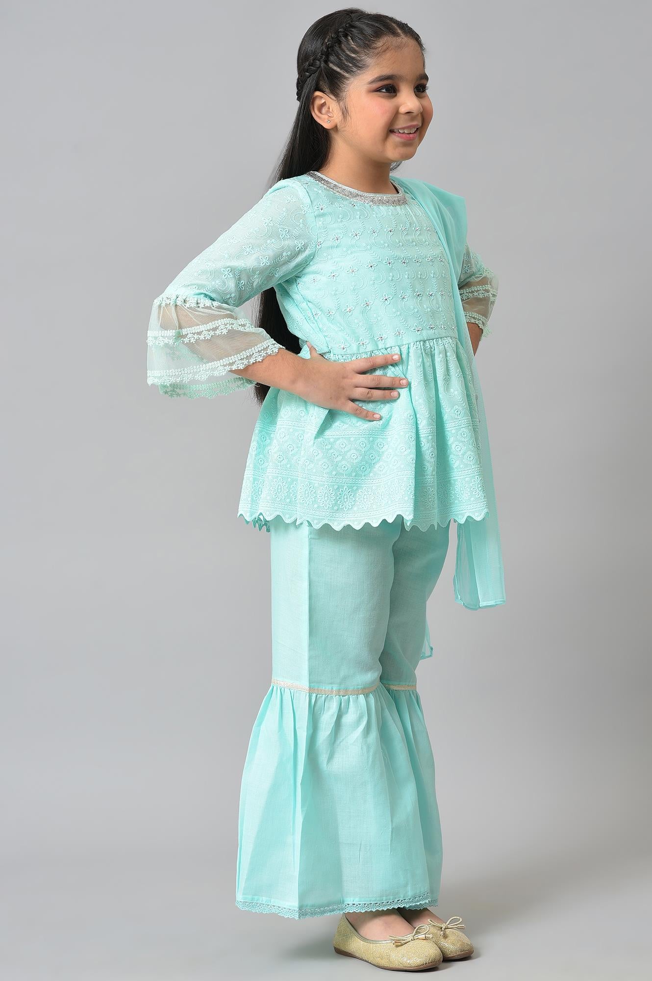 Girls Mint Green Schiffli kurta With Flared Sharara And Dupatta