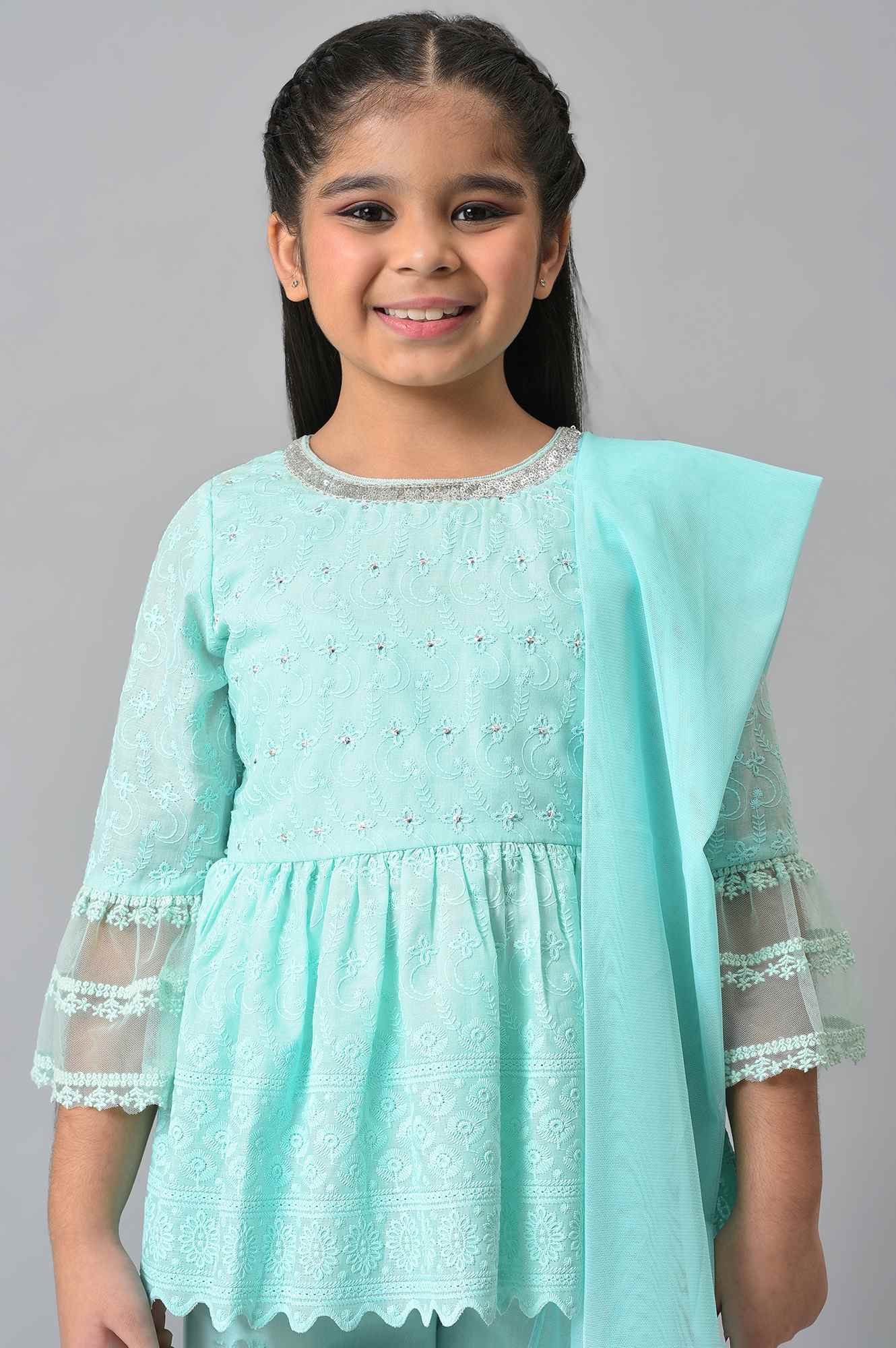 Girls Mint Green Schiffli kurta With Flared Sharara And Dupatta