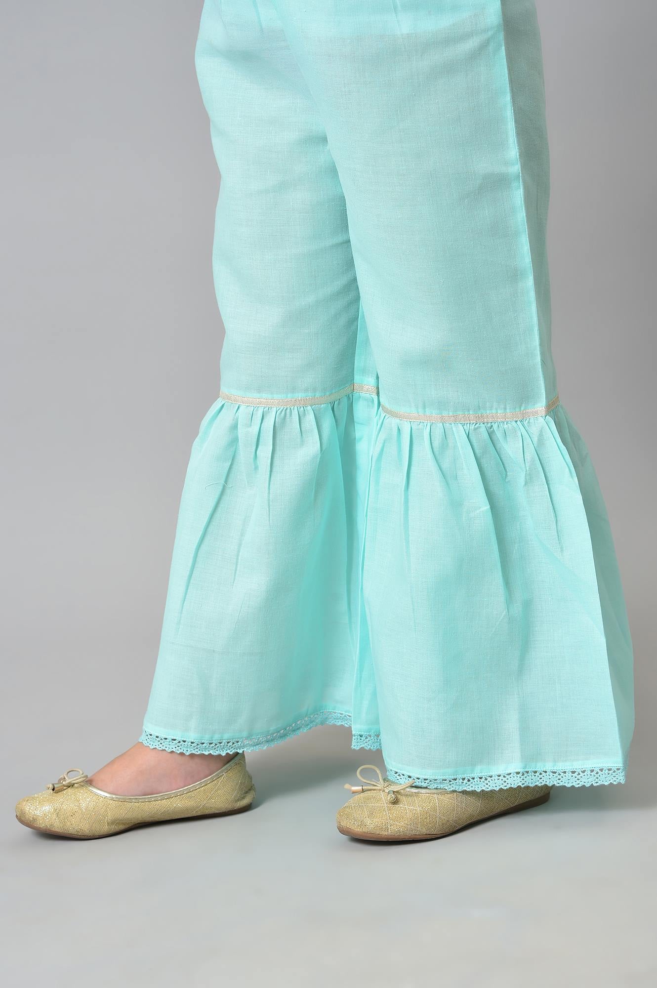 Girls Mint Green Schiffli kurta With Flared Sharara And Dupatta