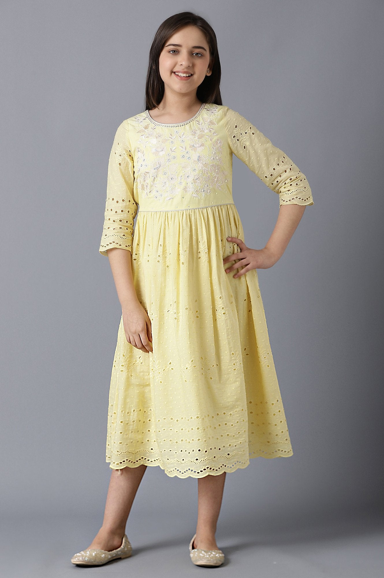 Girls Yellow Sequinned Schiffli Dress