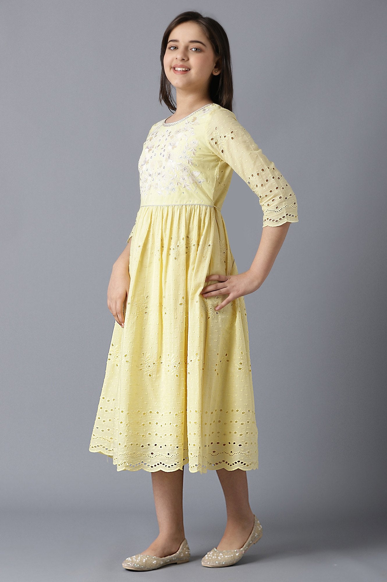 Girls Yellow Sequinned Schiffli Dress