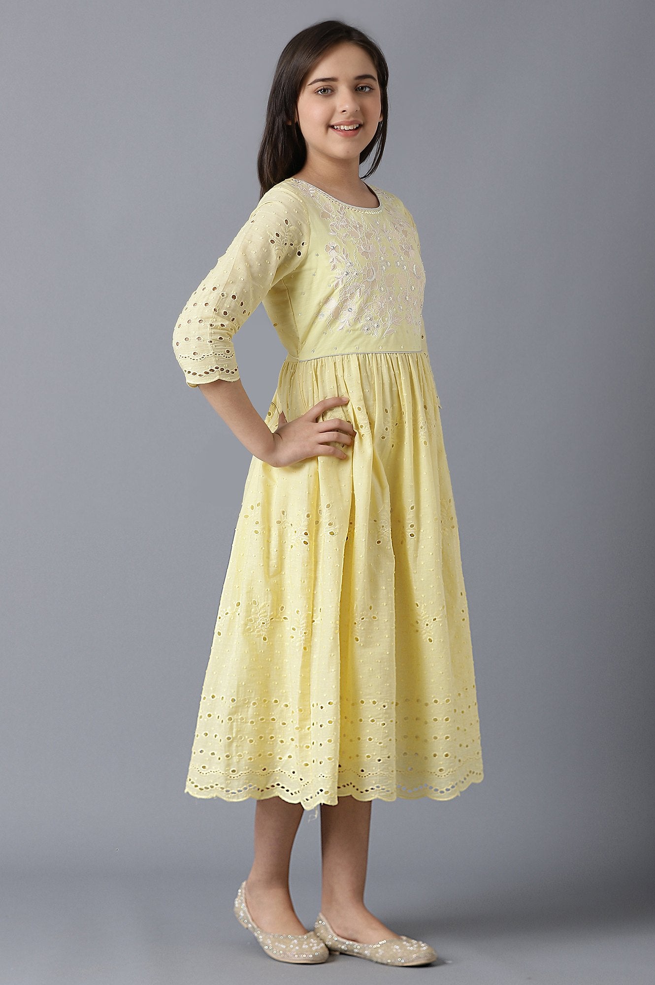 Girls Yellow Sequinned Schiffli Dress