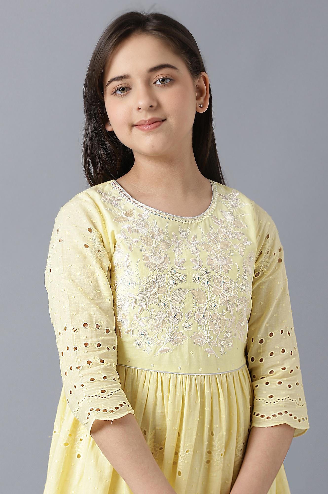 Girls Yellow Sequinned Schiffli Dress