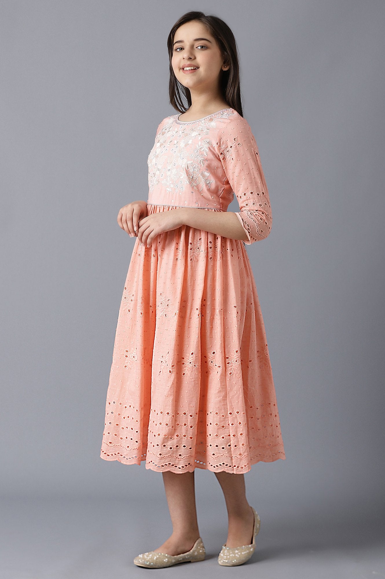 Girls Peach Schiffli Cotton Gathered Dress