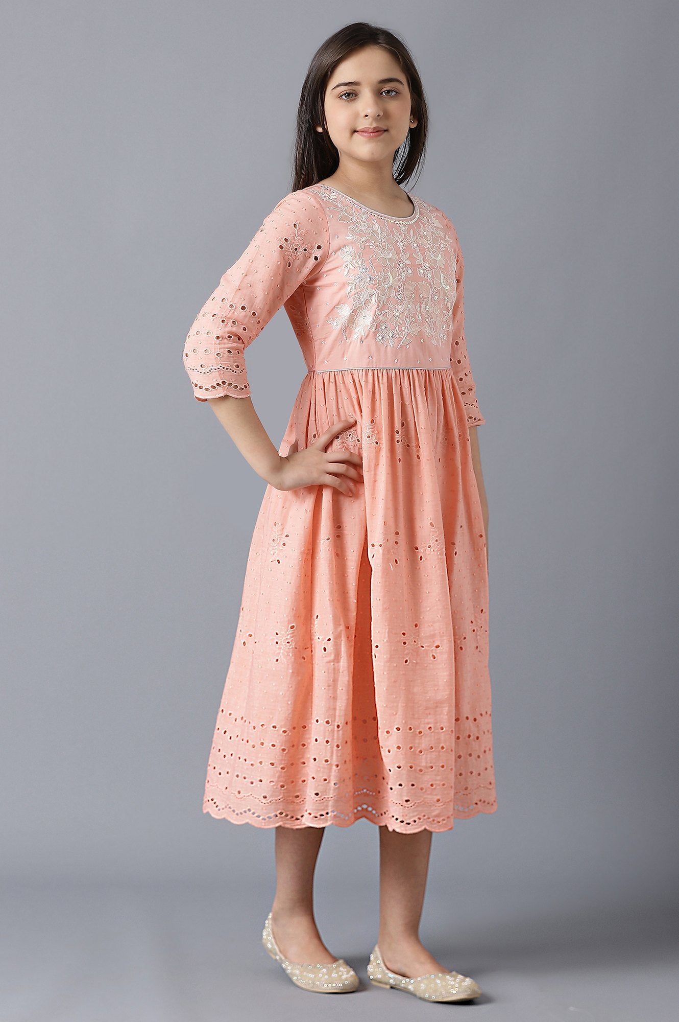 Girls Peach Schiffli Cotton Gathered Dress