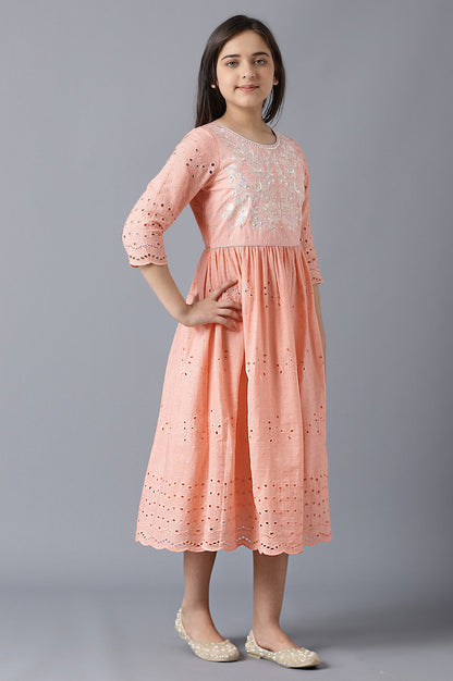 Girls Peach Schiffli Cotton Gathered Dress