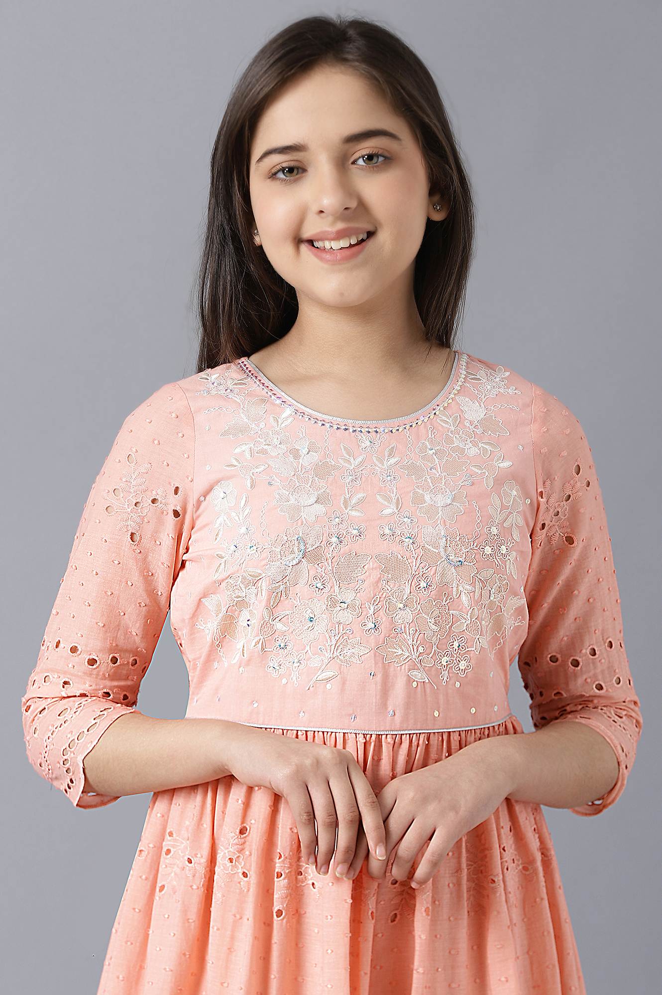 Girls Peach Schiffli Cotton Gathered Dress