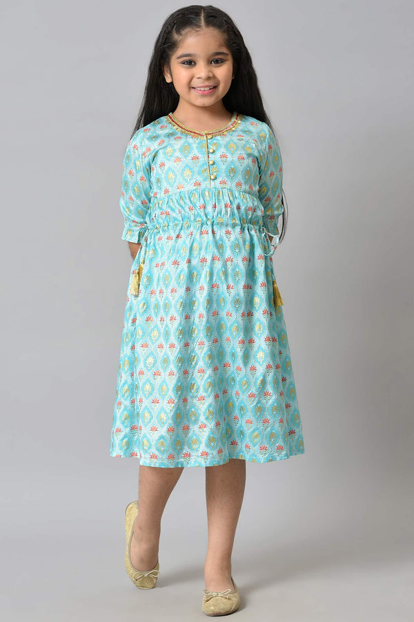 Girls Blue Floral Printed Liva Girls Dress