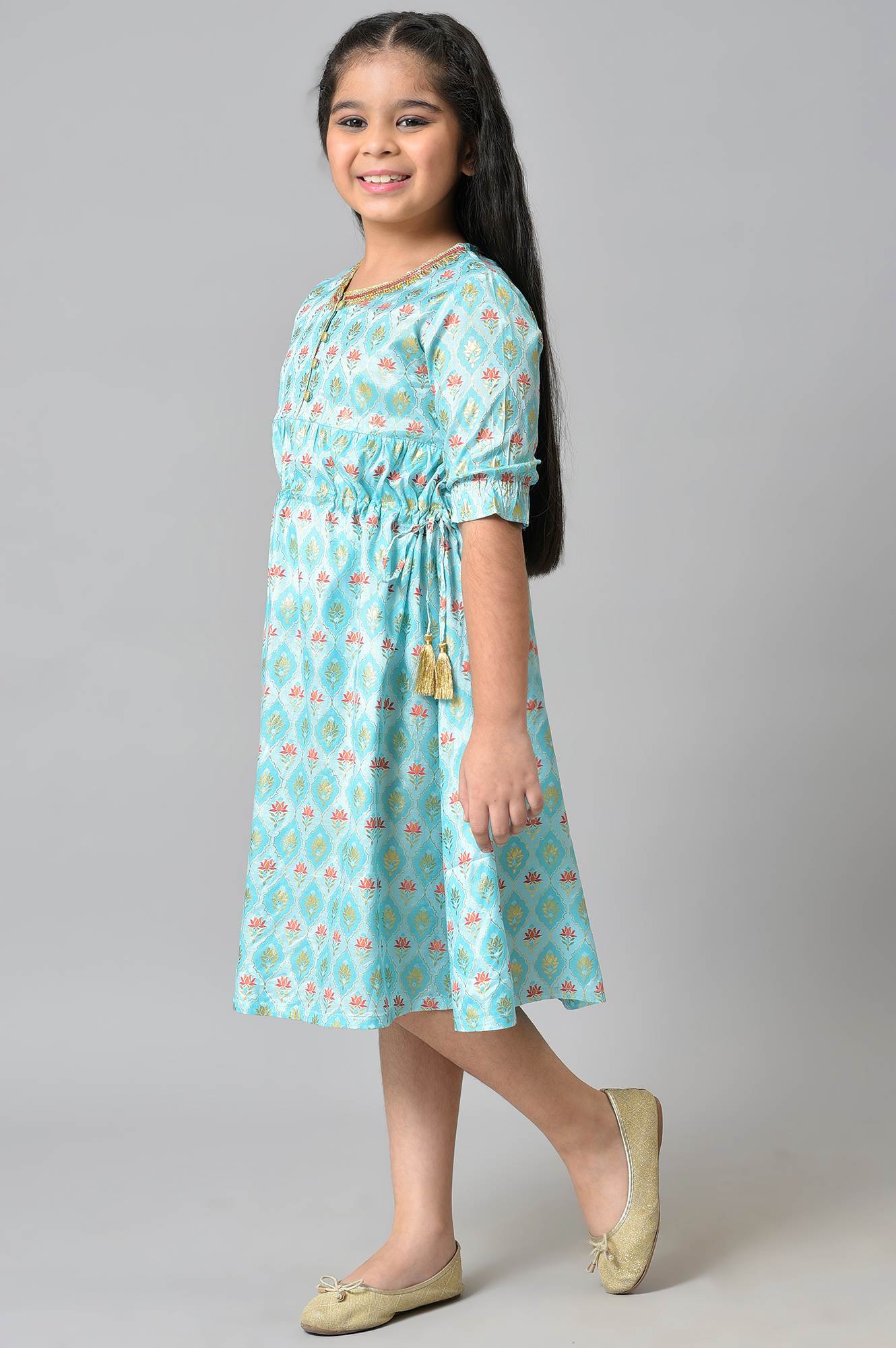 Girls Blue Floral Printed Liva Girls Dress