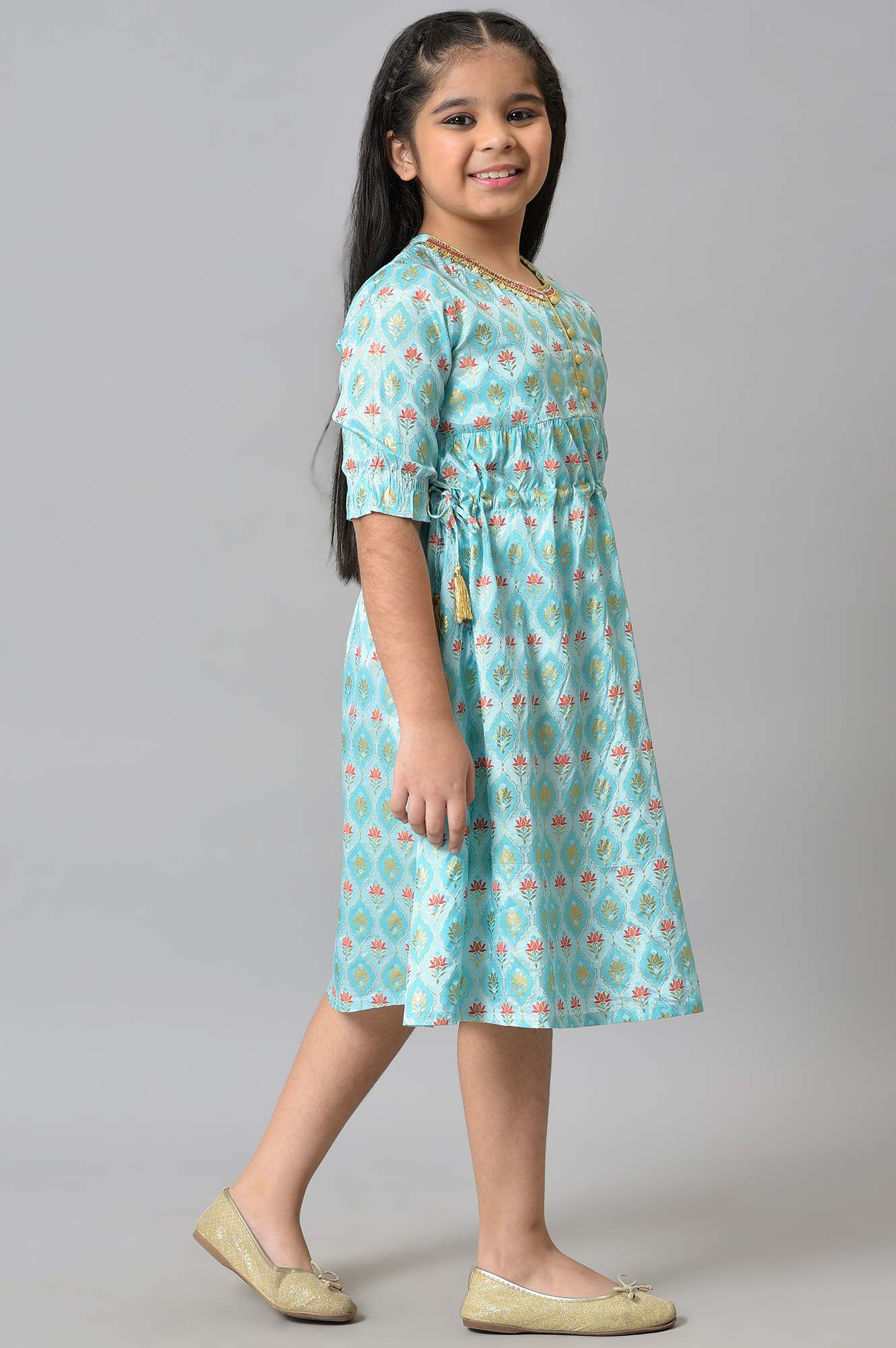 Girls Blue Floral Printed Liva Girls Dress