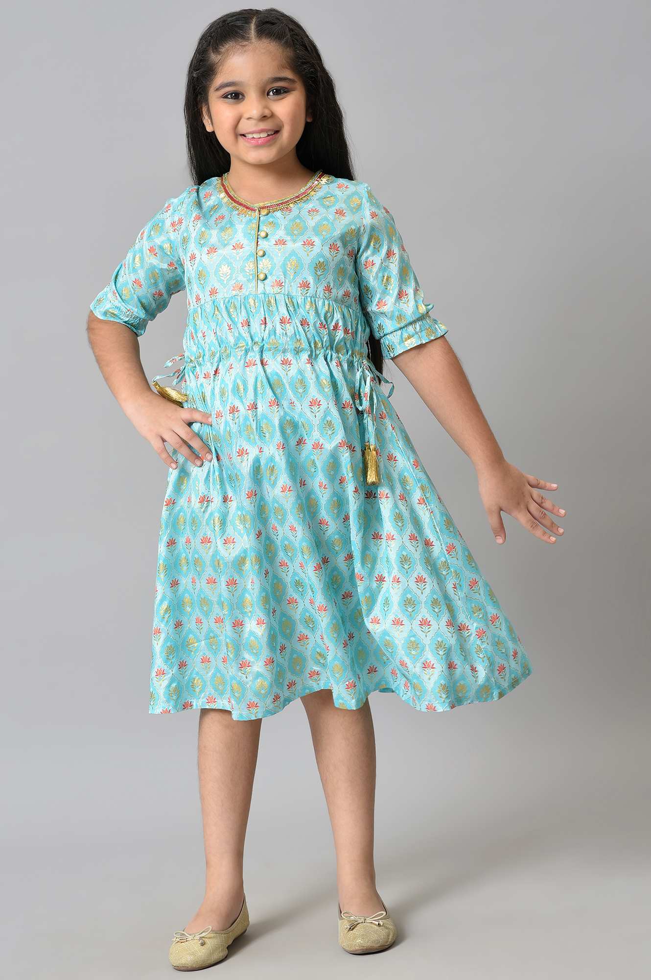 Girls Blue Floral Printed Liva Girls Dress