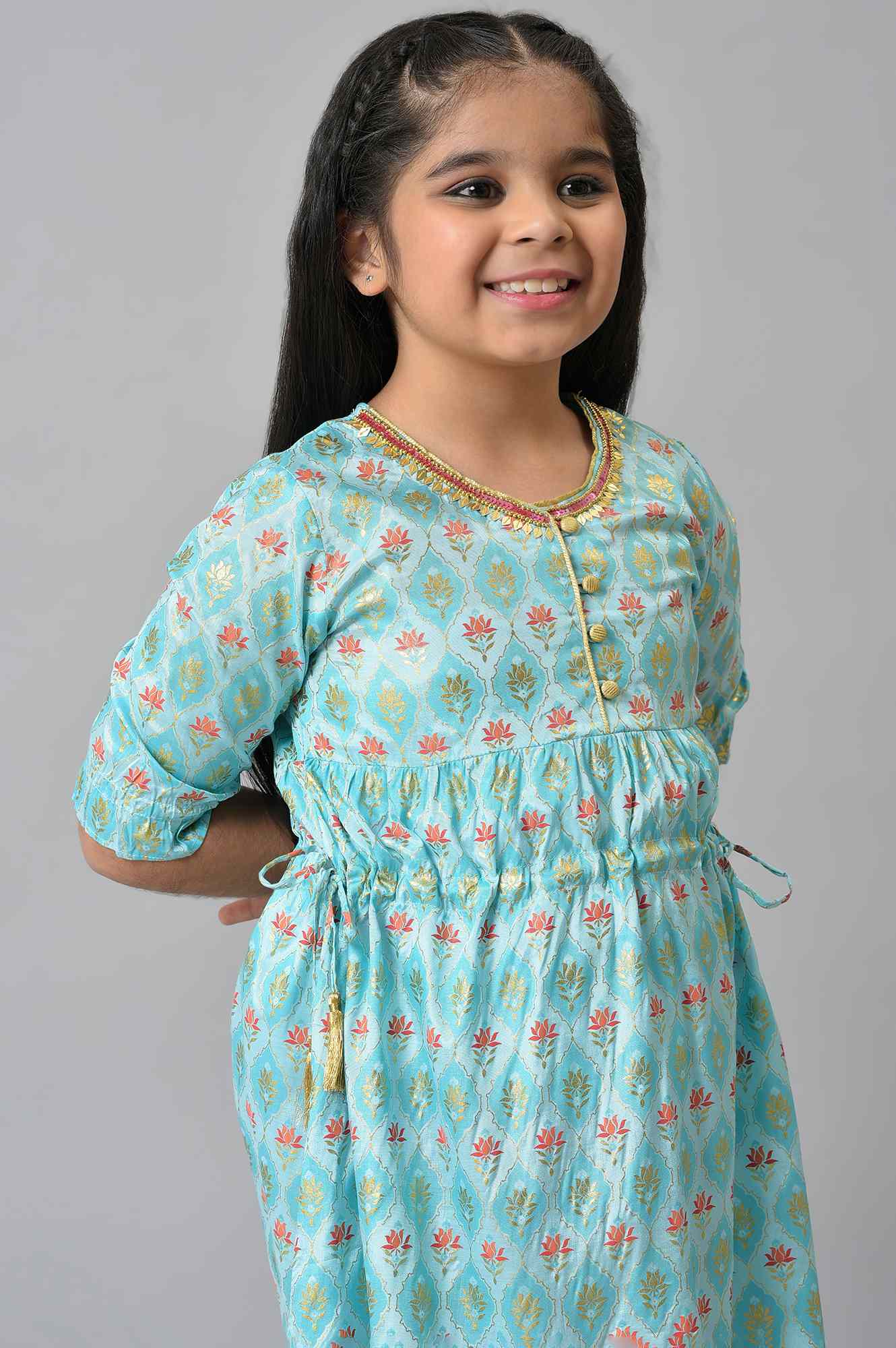 Girls Blue Floral Printed Liva Girls Dress