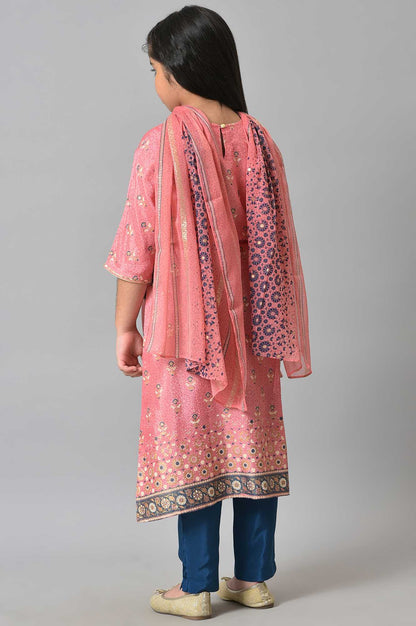 Girls LIVA Pink Floral Printed kurta with Blue Trousers and Pink Dupatta