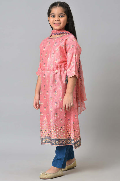 Girls LIVA Pink Floral Printed kurta with Blue Trousers and Pink Dupatta