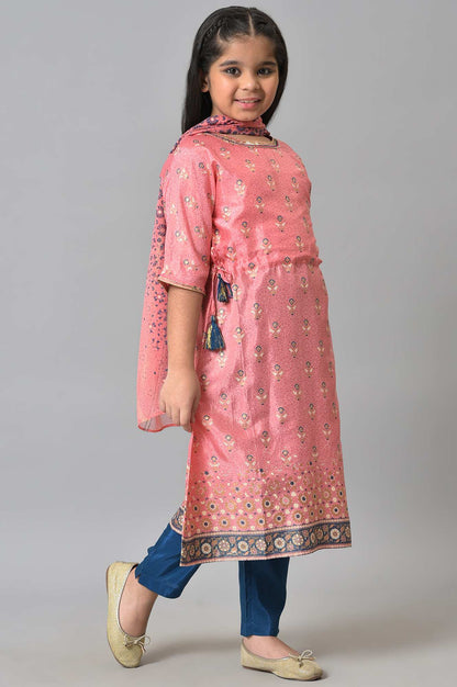 Girls LIVA Pink Floral Printed kurta with Blue Trousers and Pink Dupatta