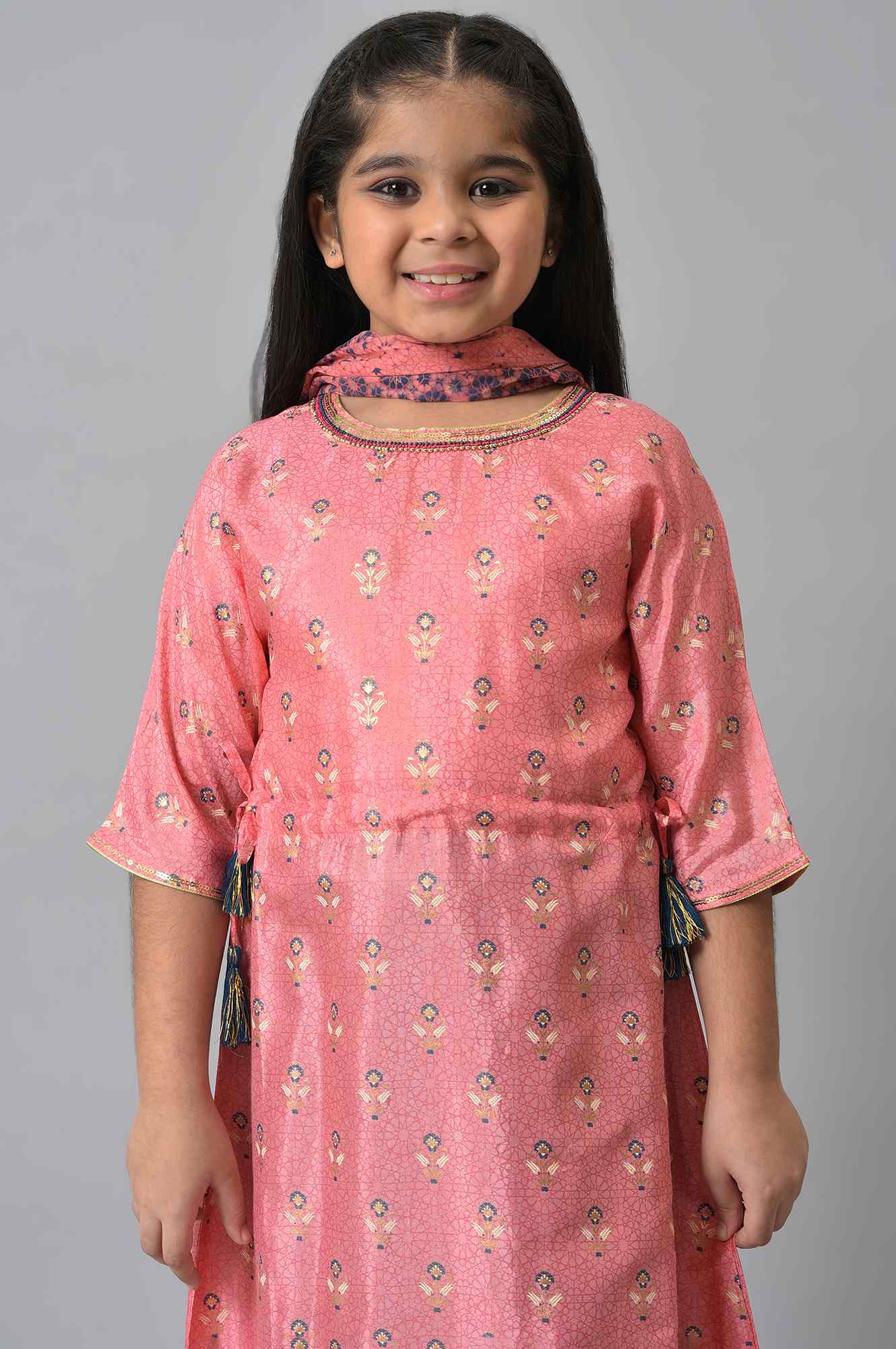 Girls LIVA Pink Floral Printed kurta with Blue Trousers and Pink Dupatta