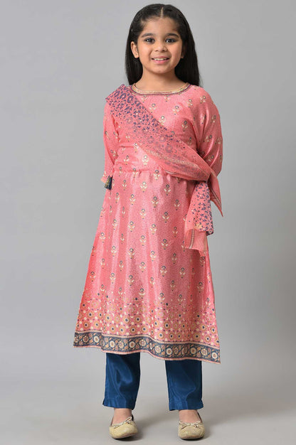 Girls LIVA Pink Floral Printed kurta with Blue Trousers and Pink Dupatta