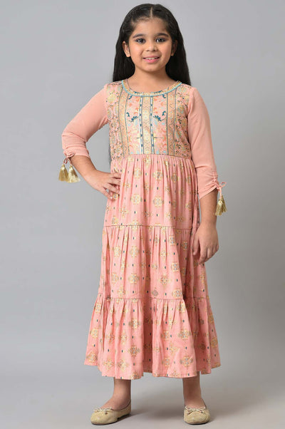Girls Peach Floral Printed Tiered Dress