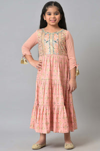 Girls Peach Floral Printed Tiered Dress