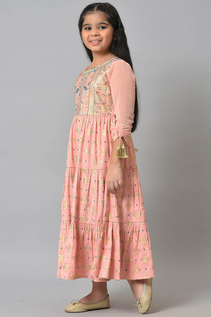 Girls Peach Floral Printed Tiered Dress