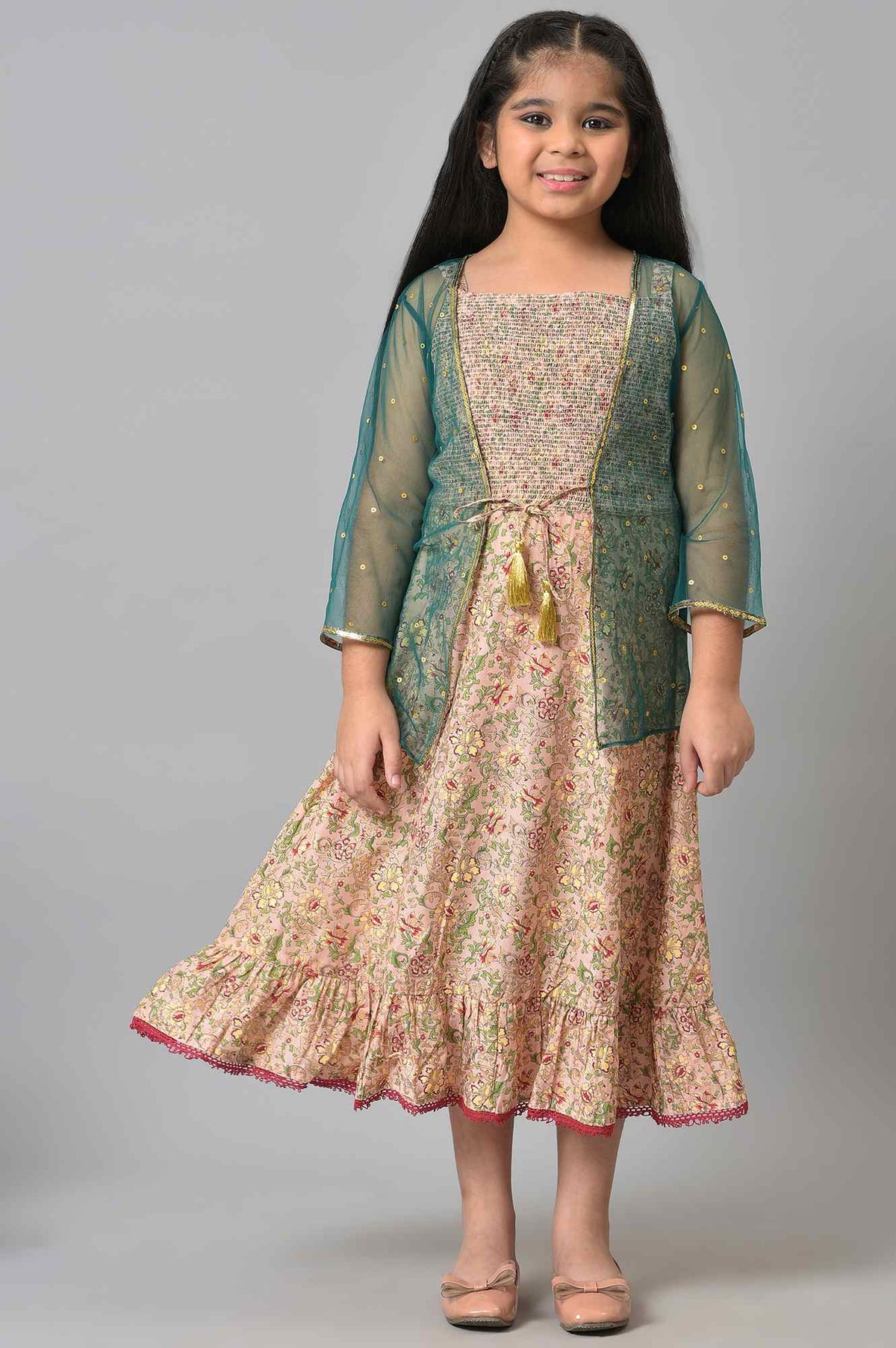 Girls Green Poly Net Gillet With Pink Floral Printed Dress - 4-5