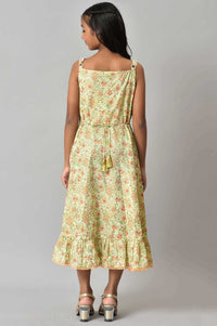 Girls Pink Net Gillet With Beige Floral Printed Dress