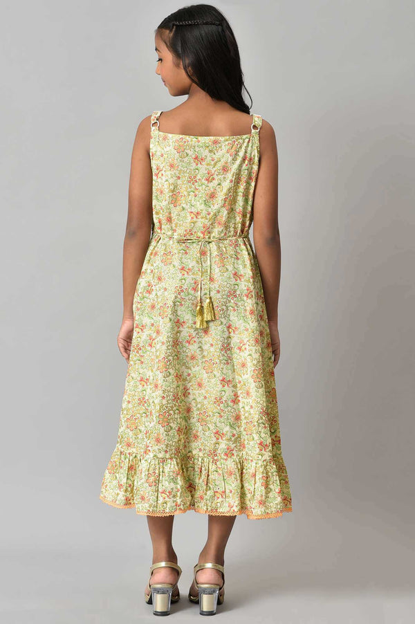 Girls Pink Net Gillet With Beige Floral Printed Dress
