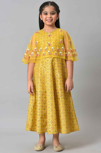 Girls Yellow Dress With Net Layered Cape