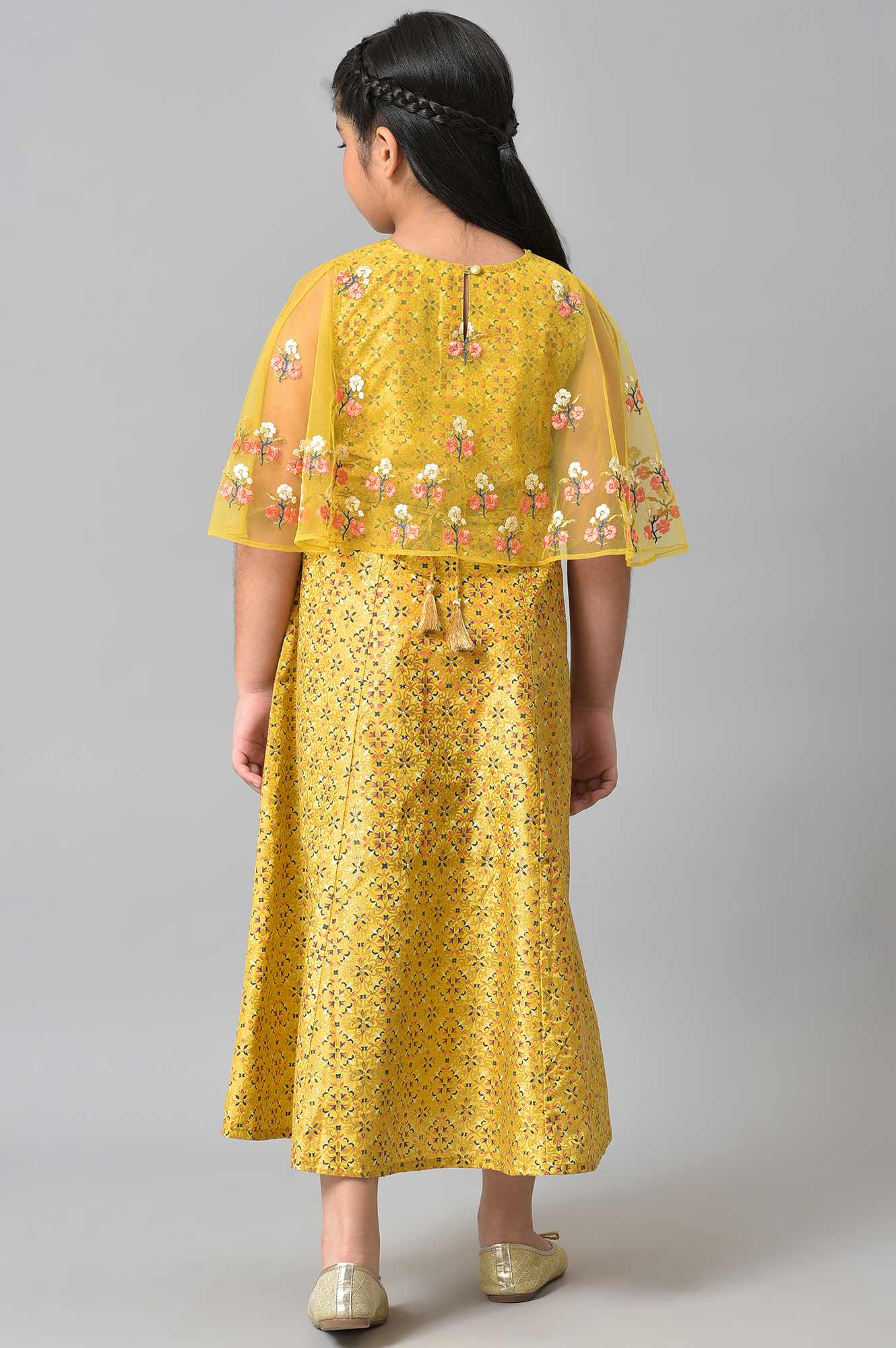 Girls Yellow Dress With Net Layered Cape