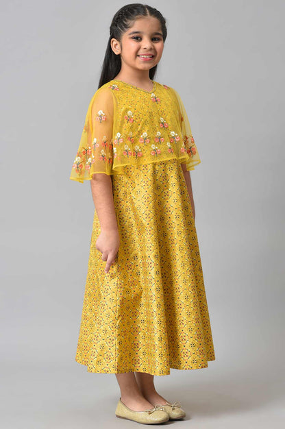 Girls Yellow Dress With Net Layered Cape