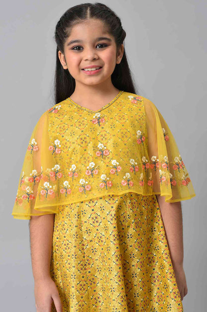 Girls Yellow Dress With Net Layered Cape