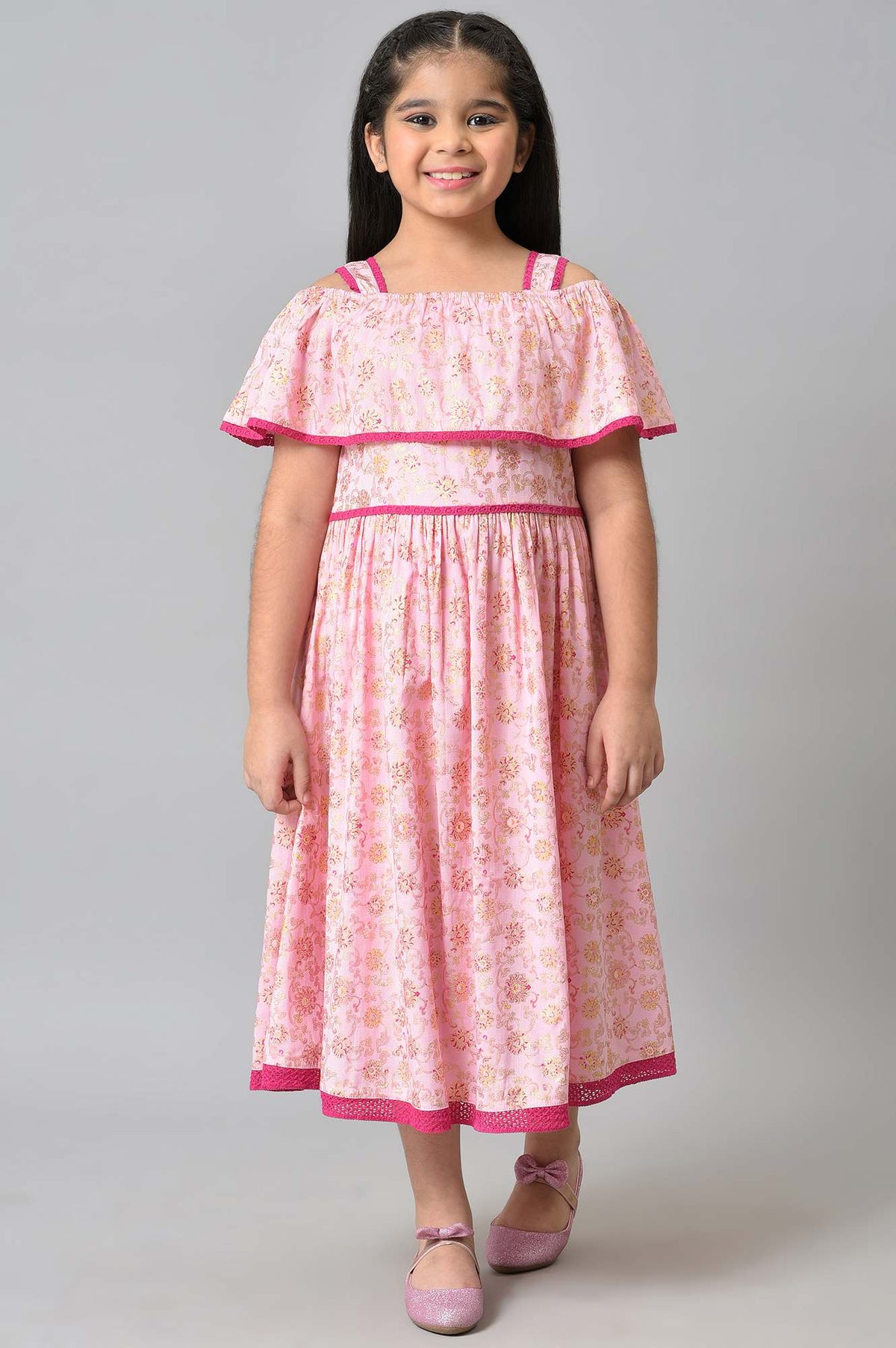Girls Pink Floral Off Shoulder A-Line Dress - 4-5