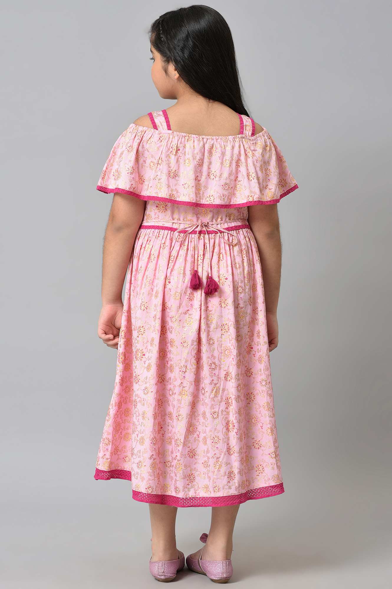 Girls Pink Floral Off Shoulder A-Line Dress