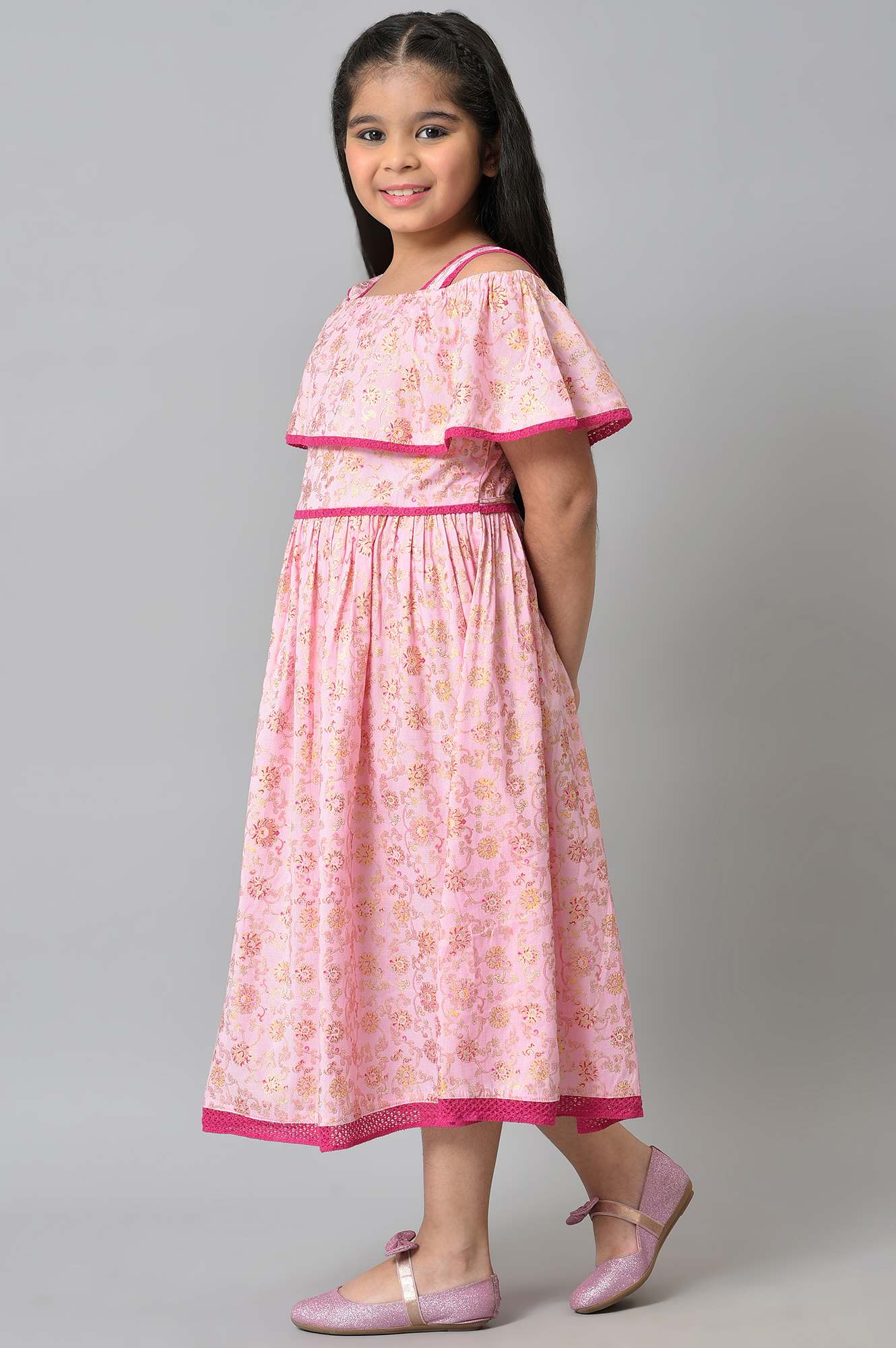 Girls Pink Floral Off Shoulder A-Line Dress