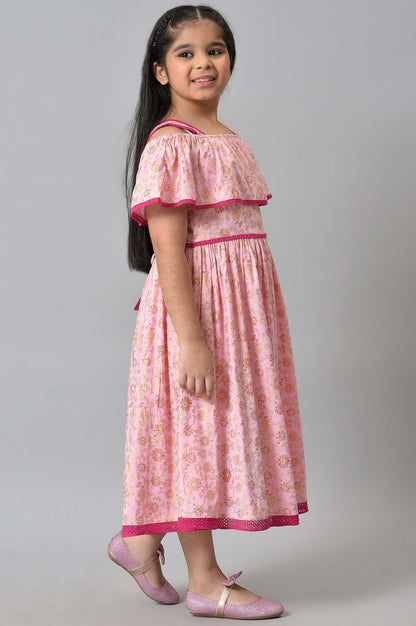 Girls Pink Floral Off Shoulder A-Line Dress