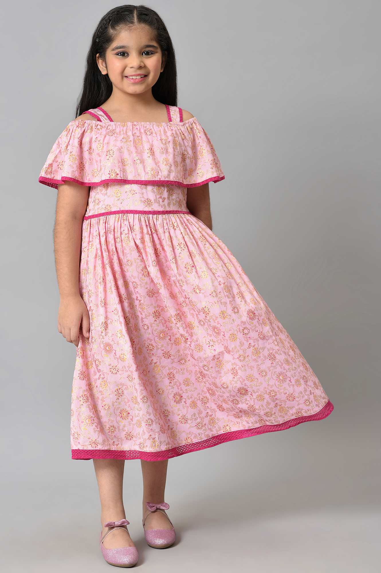 Girls Pink Floral Off Shoulder A-Line Dress