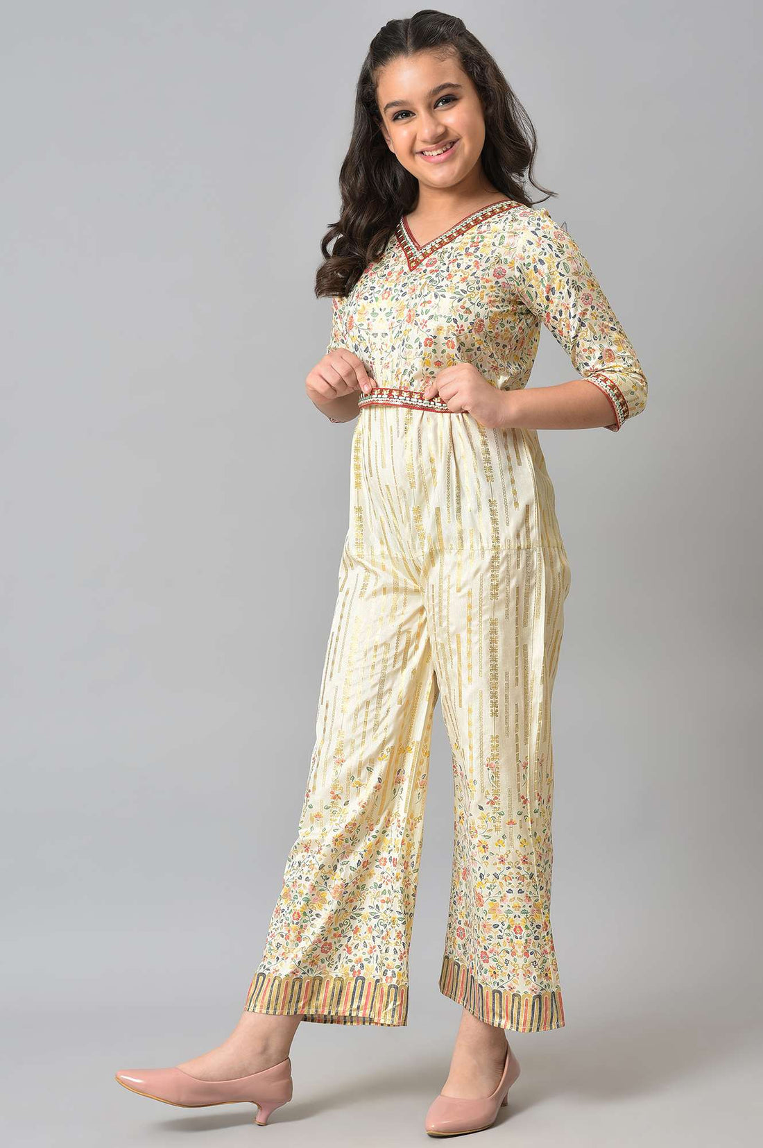 Girls Beige Embroidered And Floral Printes Jumpsuit