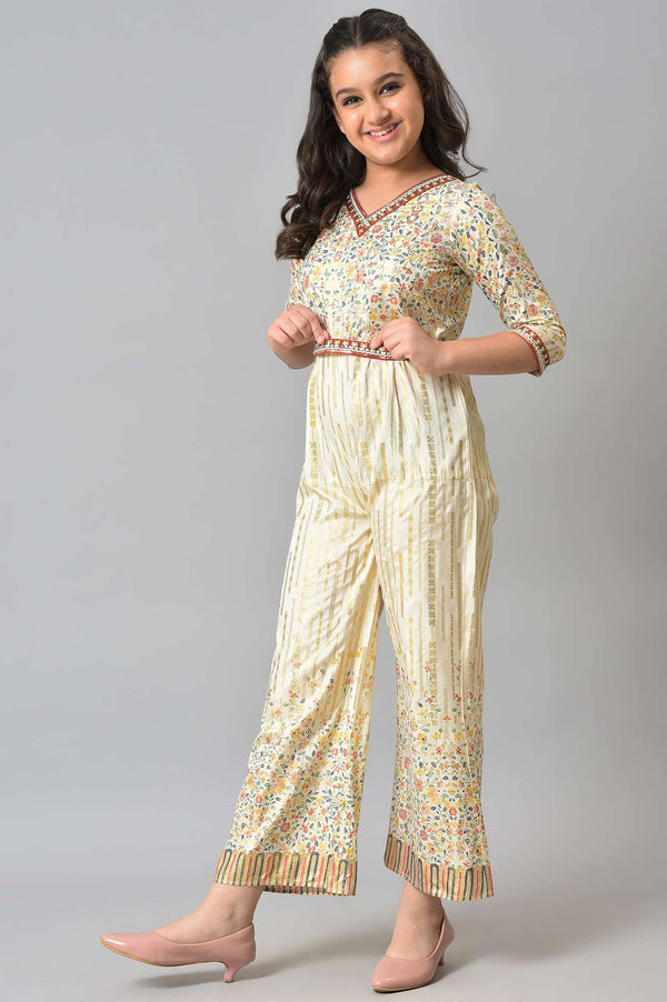 Girls Beige Embroidered And Floral Printes Jumpsuit