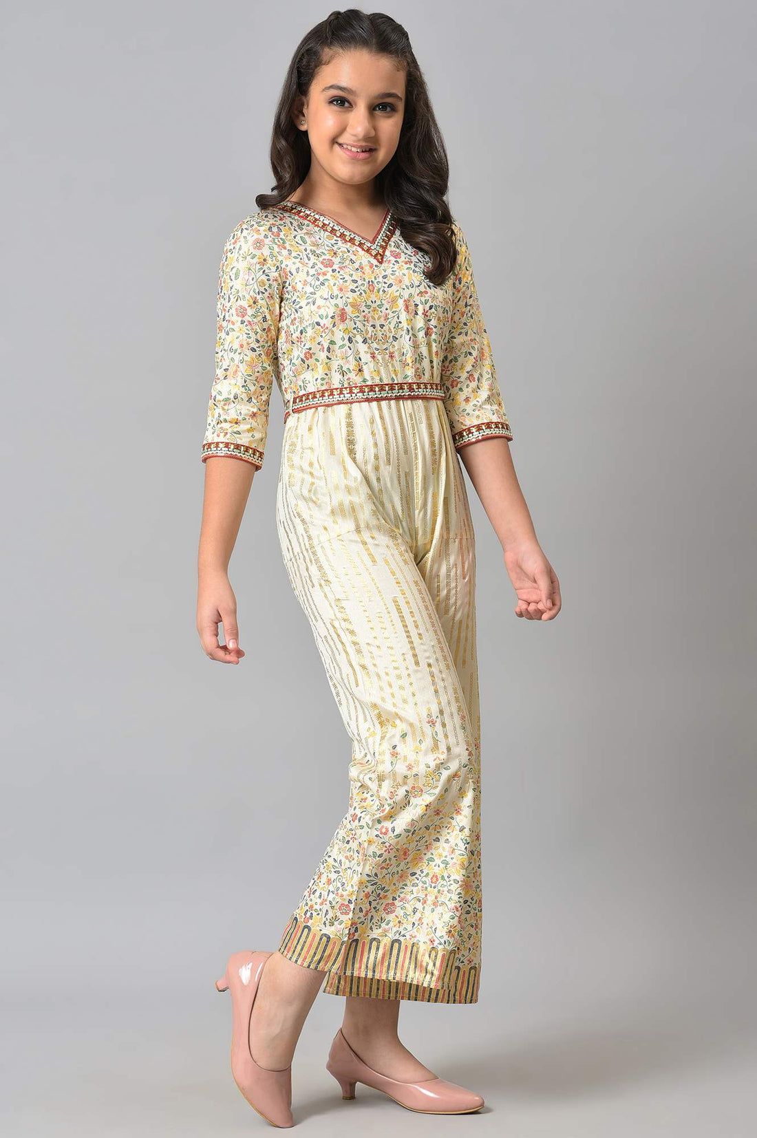 Girls Beige Embroidered And Floral Printes Jumpsuit
