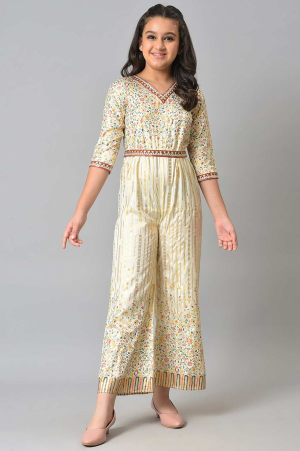 Girls Beige Embroidered And Floral Printes Jumpsuit