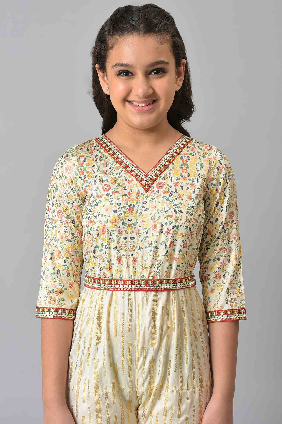 Girls Beige Embroidered And Floral Printes Jumpsuit