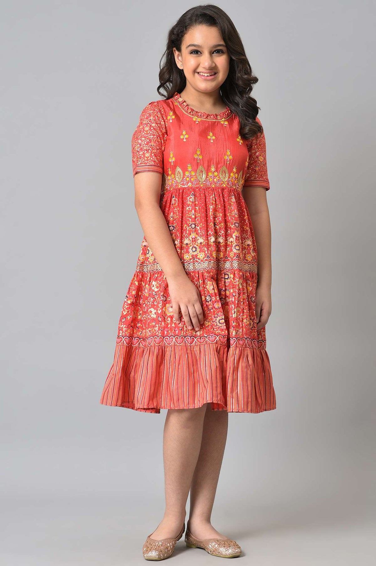 Girls LIVA Red Floral Foil Print Flared Dress - 4-5