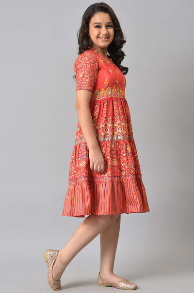 Girls LIVA Red Floral Foil Print Flared Dress