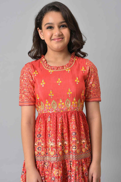 Girls LIVA Red Floral Foil Print Flared Dress