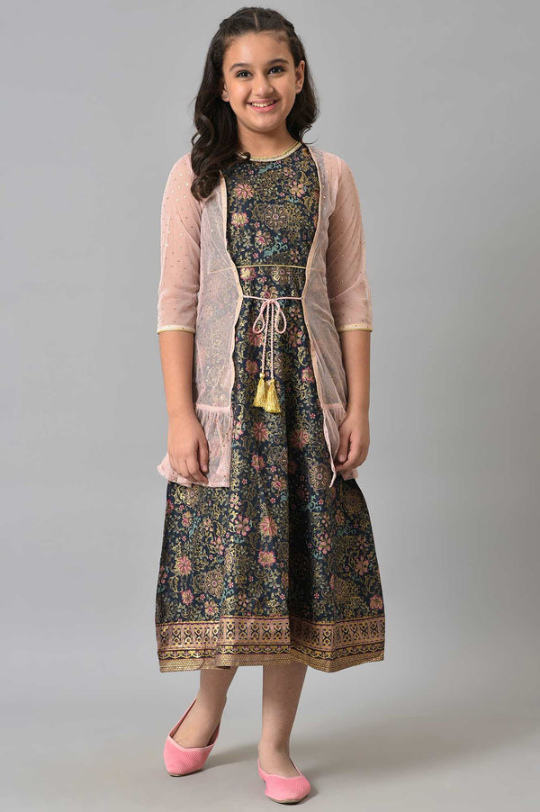 Girls Pink Poly Net Gillet With Black Floral Printed Dress