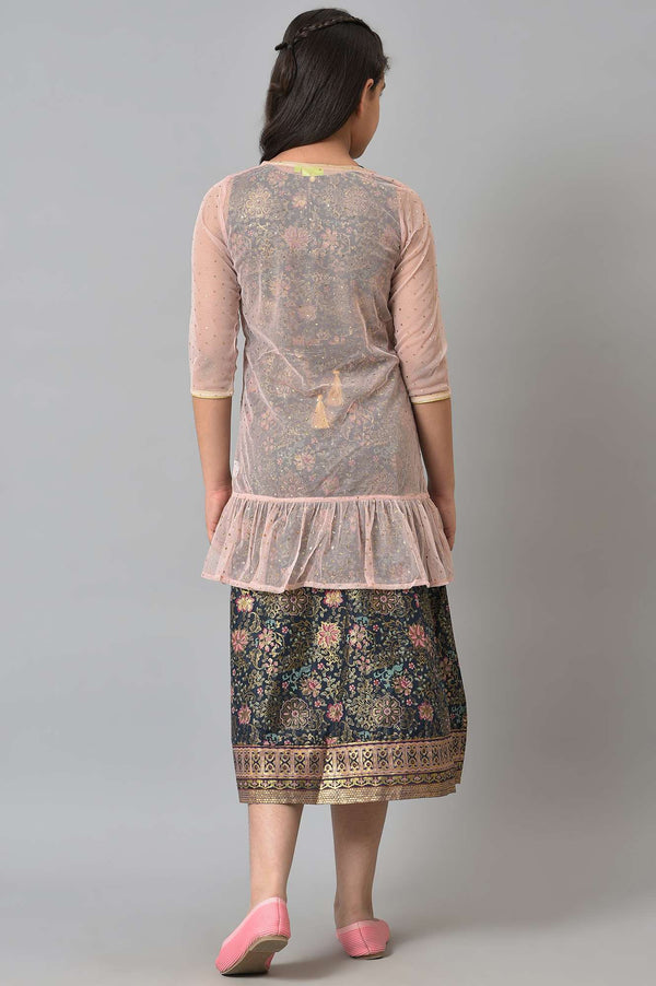 Girls Pink Poly Net Gillet With Black Floral Printed Dress