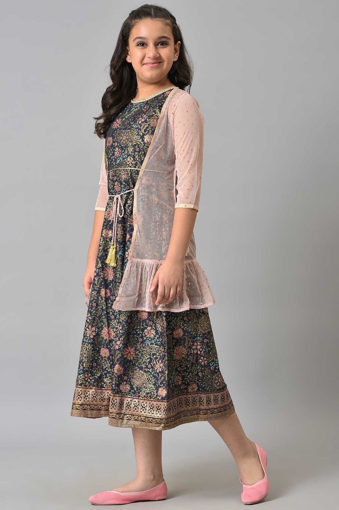 Girls Pink Poly Net Gillet With Black Floral Printed Dress